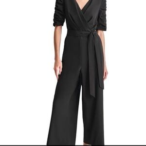 DKNY Black Wrap Jumpsuit Size 12 NWT Wide Leg Belted